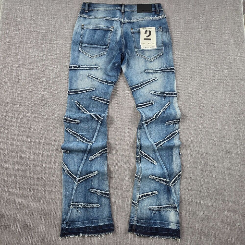 FWRD Denim New York Jeans Mens 32x36 Blue Distressed Ripped Stacked frayed Hype - Picture 2 of 15